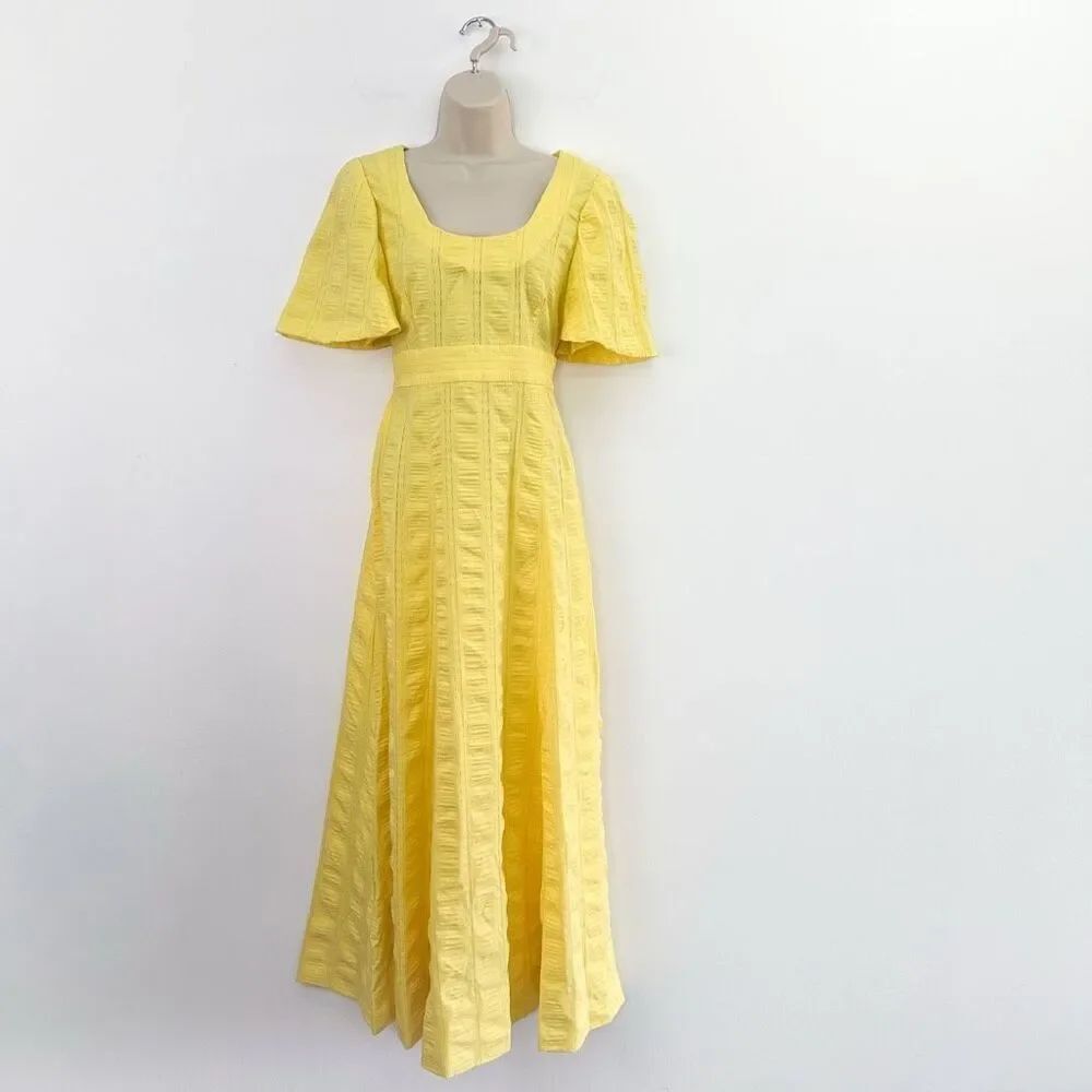 Vintage Handmade 1970s Yellow Empire Waist Flounce Sleeve Maxi Dress